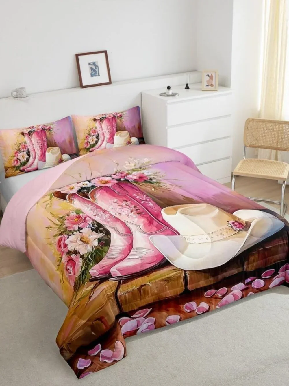 Western Cowgirl Twin Comforter Set for Girls Kids,Pink Cowgirl Boot Hat Bedding